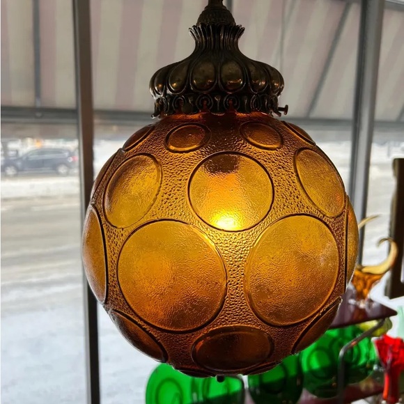 Vintage swag lamp amber glass Hollywood regency circle dots - Picture 7 of 9